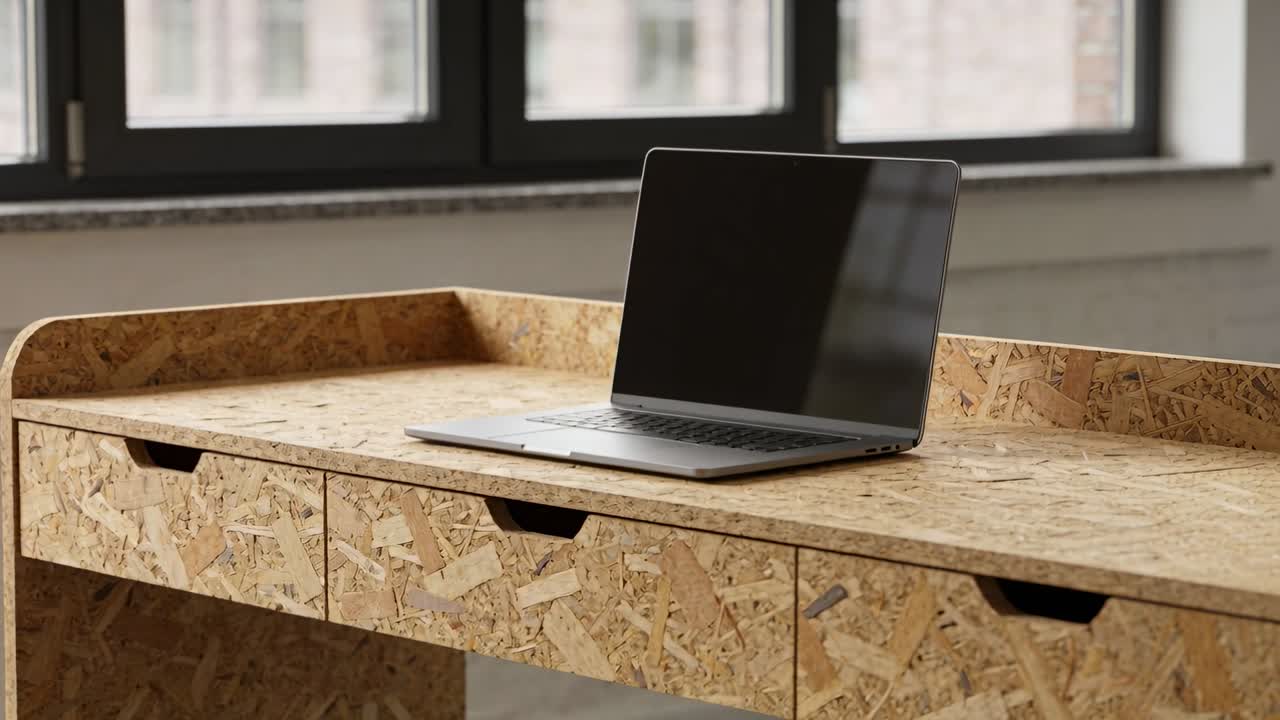 Panning camera moving closer rightward toward silver laptop on chipboard desk, highlighting drawers