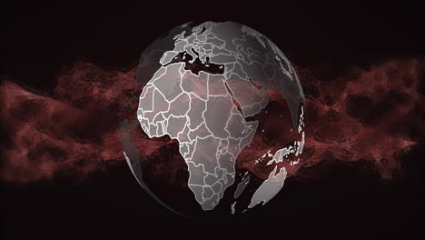 Digital globe with red network connections glowing on dark background animation
