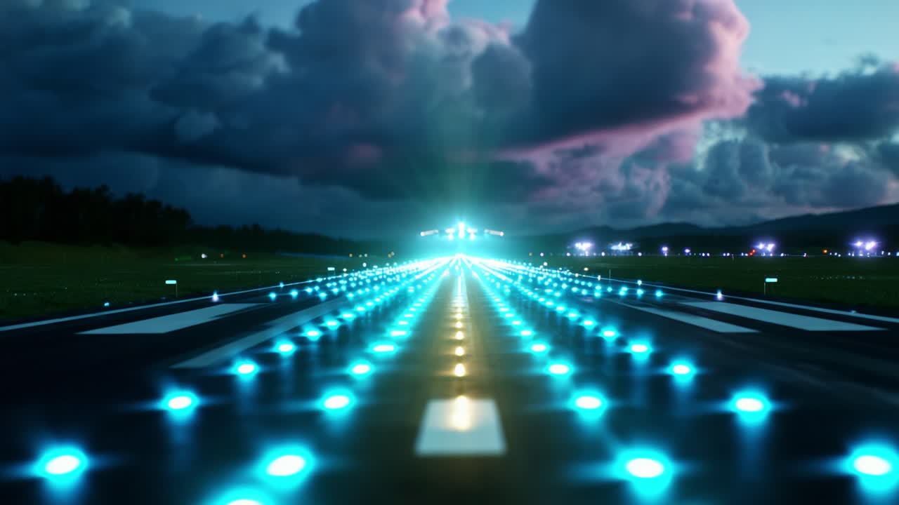 Illuminated Runway with Luminous Lights Under Dramatic Clouds at Dusk, Leading to an Unidentified Aircraft Preparing for Departure, Showcasing the Importance of Aviation and Nighttime Visibility in Flight Operations