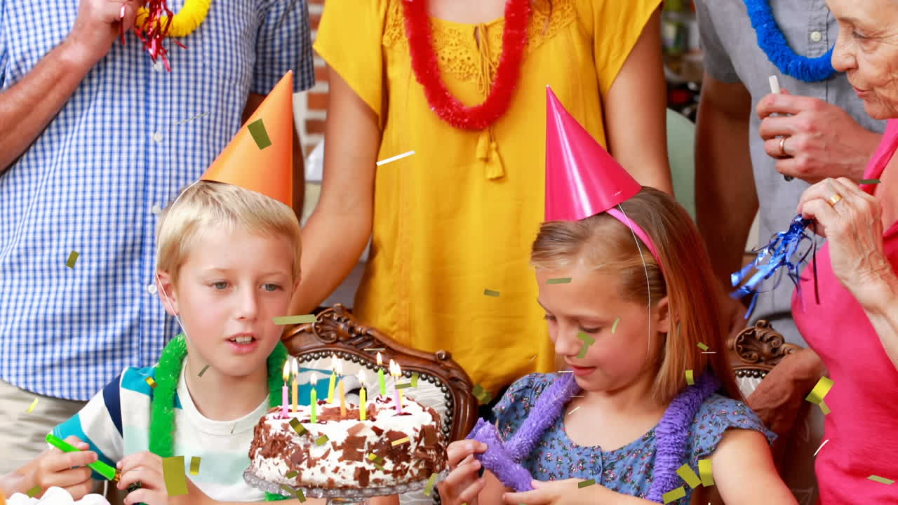 animación de confeti cayendo sobre una familia feliz en una fiesta de cumpleaños