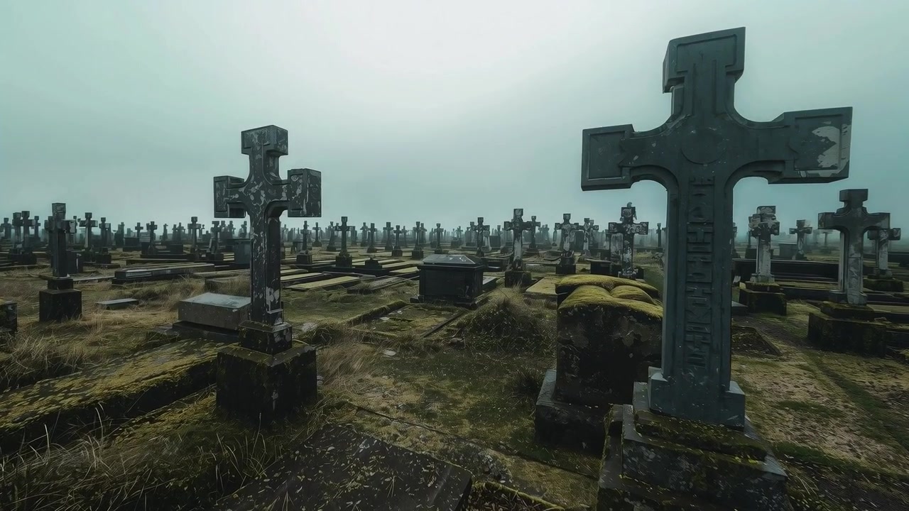 Inizio movimento della telecamera, che avanza attraverso un cimitero, spostandosi a destra per evidenziare una croce consumata dalle intemperie.