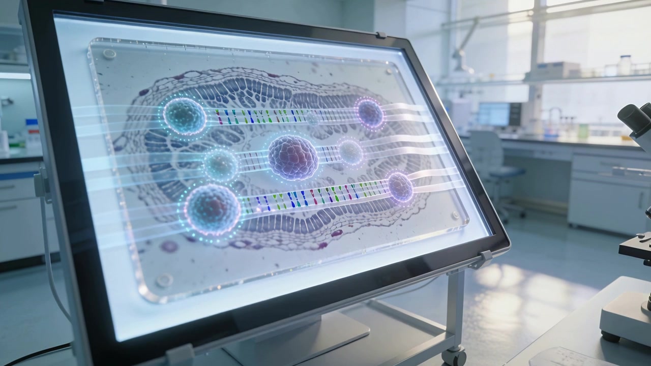 Starting scan, touchscreen monitor on cart showing bio schematic to analyze at lab bench