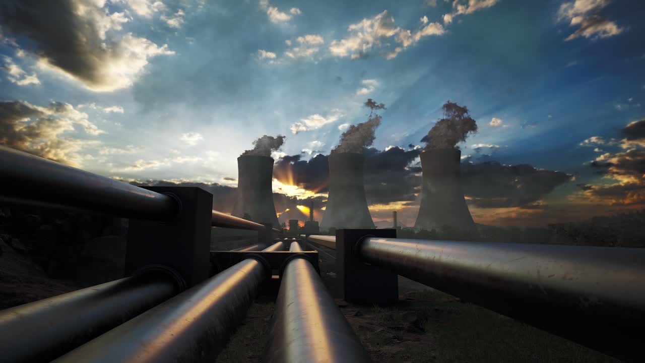 Tube With Steaming Cooling Towers Of Nuclear Power Plant