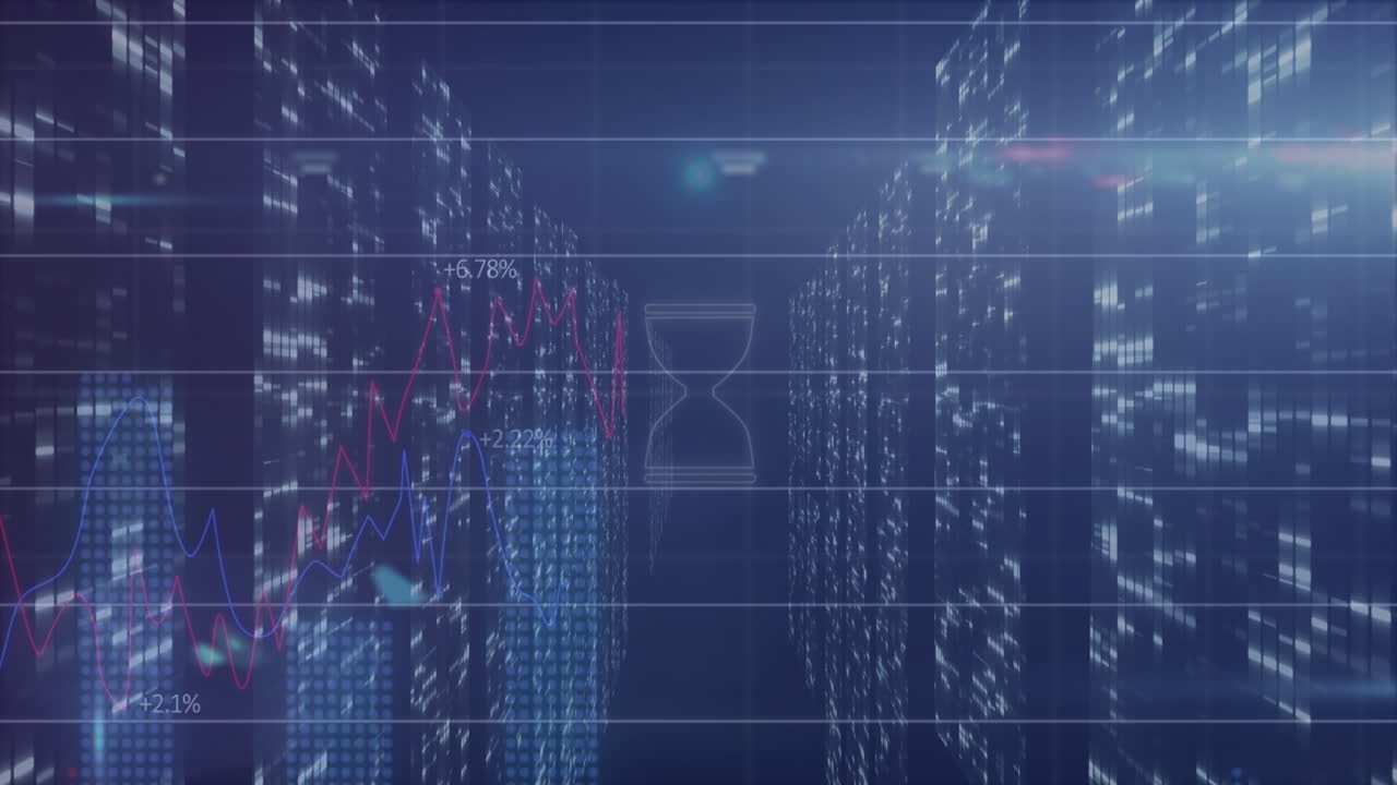 Animation of hour glass icon spinning over statistical data processing and screens of mosaic squares