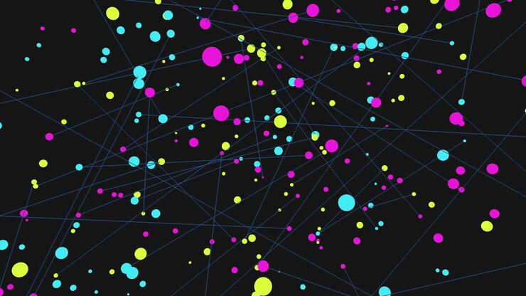 A visually captivating digital illustration of interconnected dots and circles in various shades of blue, green, and pink set against a black background