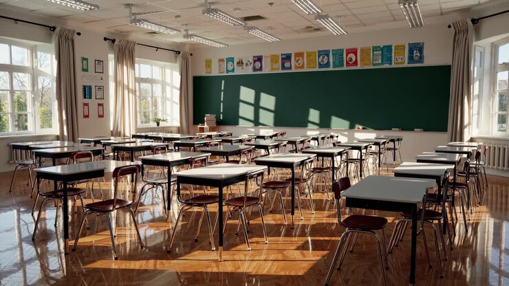 Un'aula luminosa e vuota con file di banchi e una grande lavagna verde