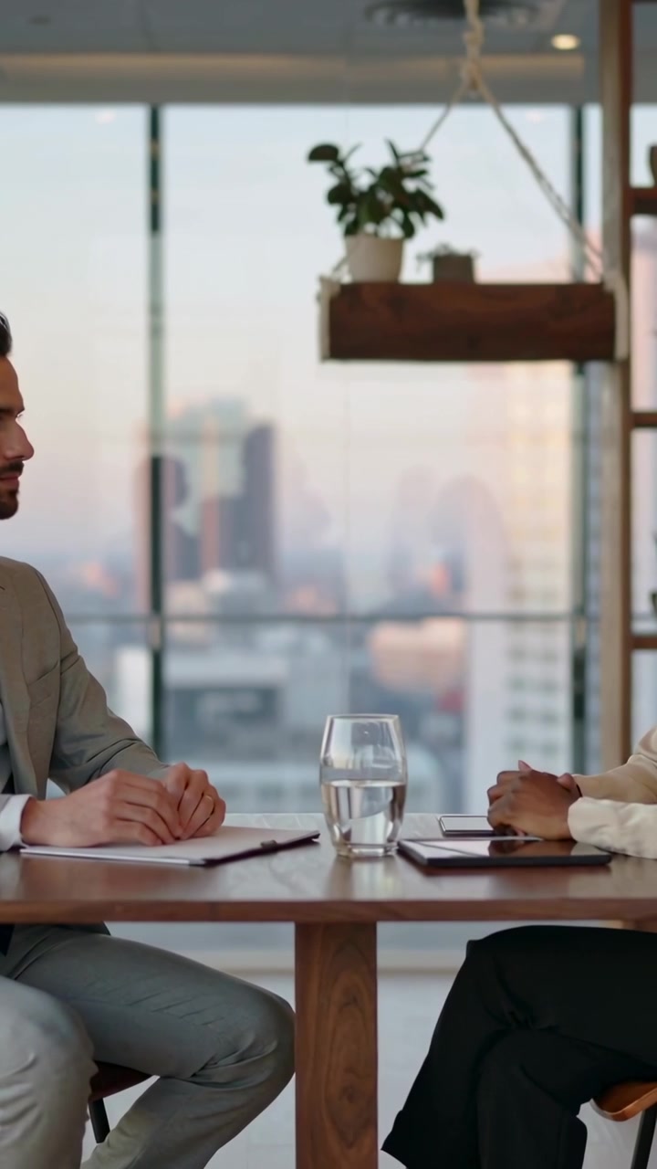 Vertical video: Talking over document to review report, two in suits at office table with glass
