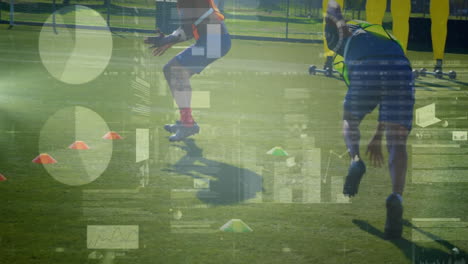 entrenamiento en el campo, atletas con animación de datos de rendimiento superpuesta