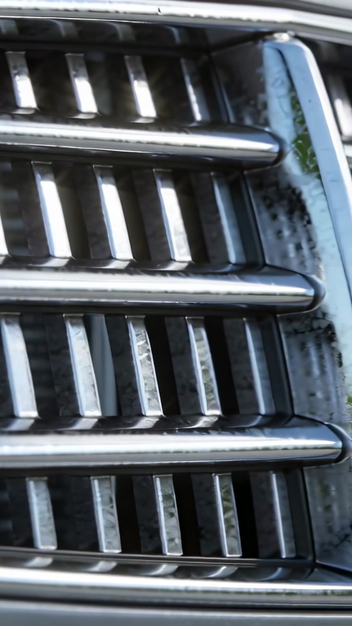 Vertical video: Moving camera revealing car grill and metal fin at parked car showing green residue