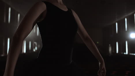 middle plan slow motion: a young ballerina girl performs graceful movements on the stage in a tutu and pointe shoes in the dark and smoke.