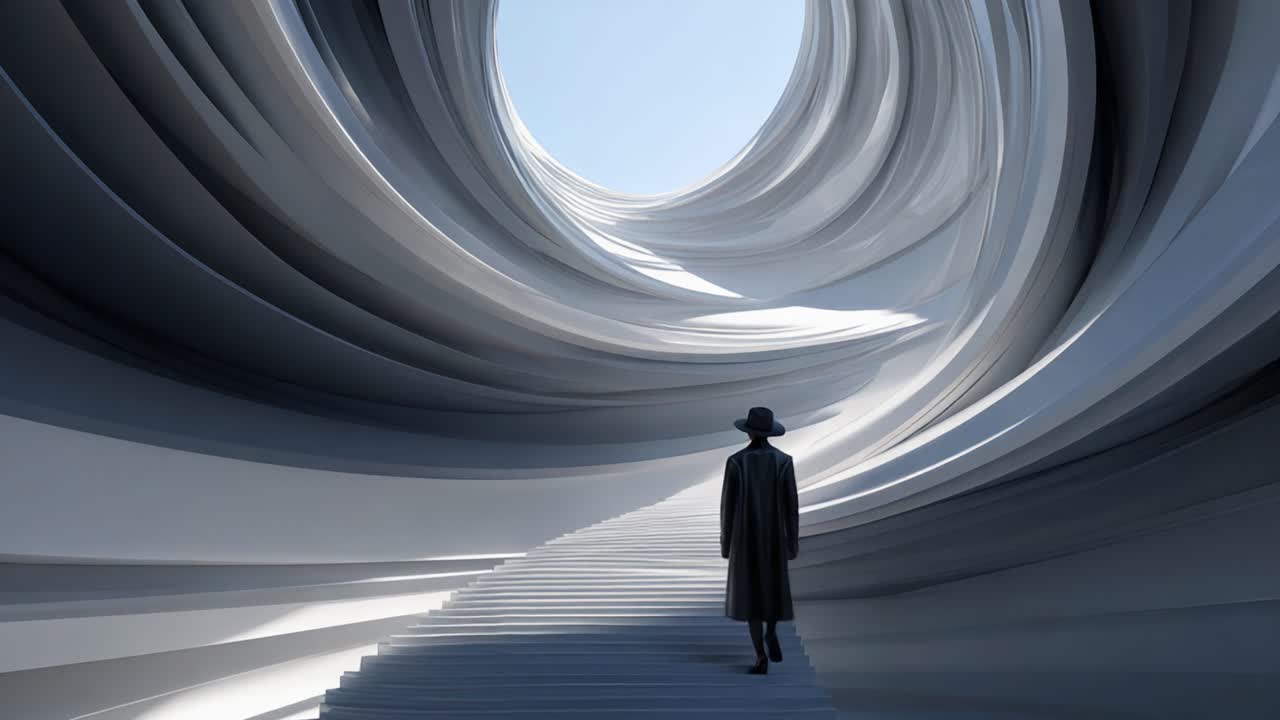 A solitary figure traversing an ethereal spiral staircase, navigating through a surreal, minimalistic landscape of flowing white forms under a serene blue sky, evoking emotions of mystery and introspection