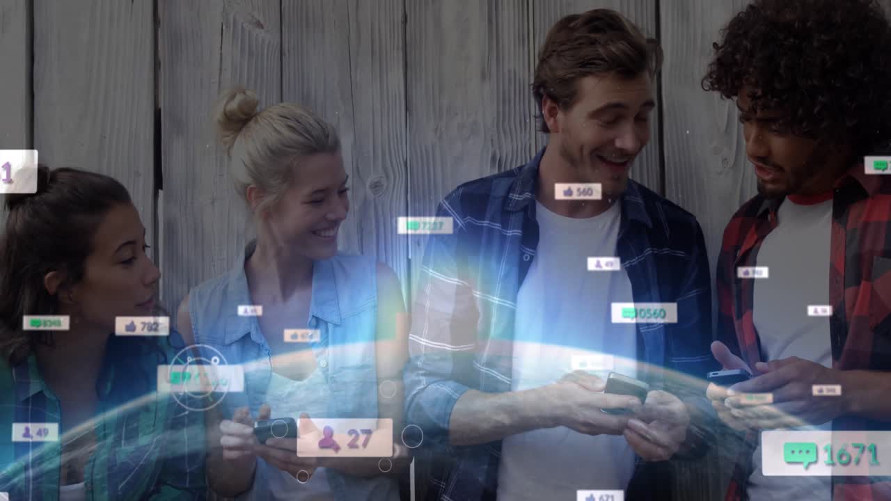 스마트 폰을 사용하는 다양한 사람들 위에 숫자와 지구를 가진 소셜 미디어 아이콘의 애니메이션