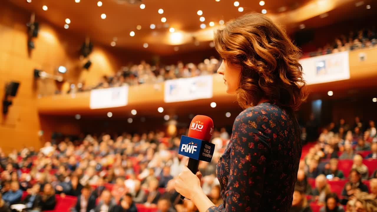 En selvsikker oplægsholder engagerer publikum under et fængslende arrangement, holdende en mikrofon og leverer vigtig indsigt til et fyldt rum med opmærksomme tilhørere