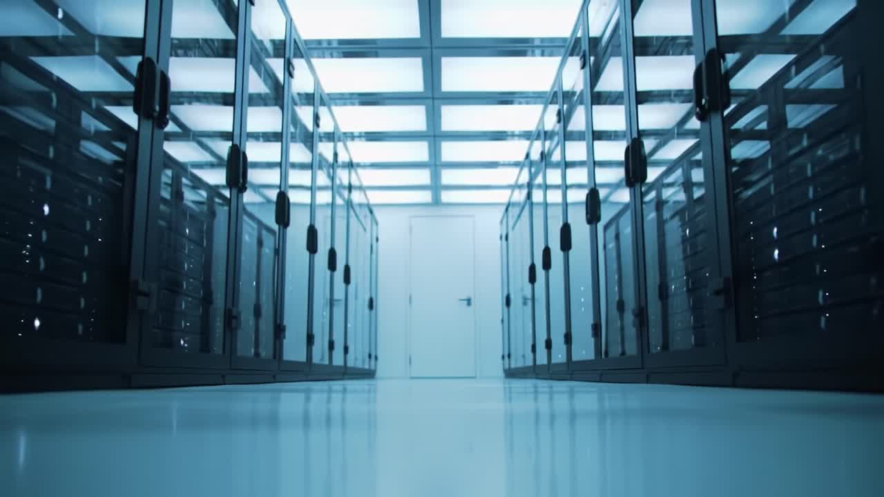 A Modern Data Center Corridor Featuring Rows of Brightly Lit Server Racks Under a Sleek Ceiling, Showcasing Advanced Technology and Efficient Design
