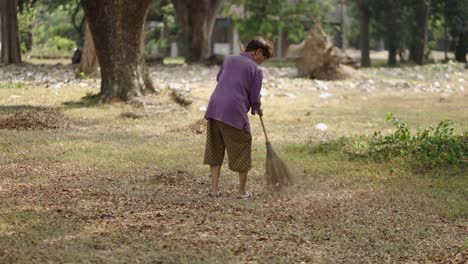 person sweeping dry leaves with a broom in an outdoor area