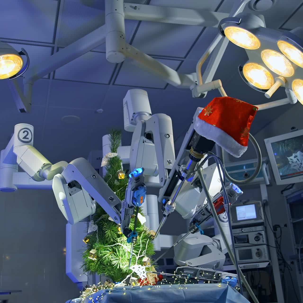 Surgical room with innovative equipment for neurosurgical operations. Robotic arms decorate new year tree with snowflake on the operating table
