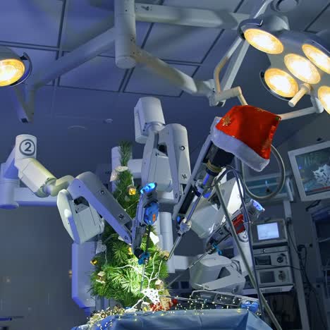 surgical room with innovative equipment for neurosurgical operations. robotic arms decorate new year tree with snowflake on the operating table