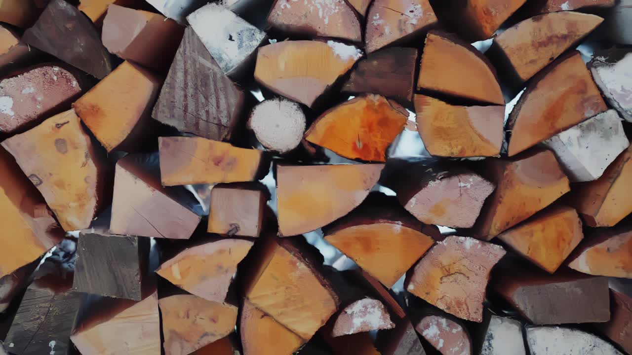 Tight close-up side view of split firewood stacked with snow in a rustic shed, showing rural winter preparation and traditional homestead heating supplies