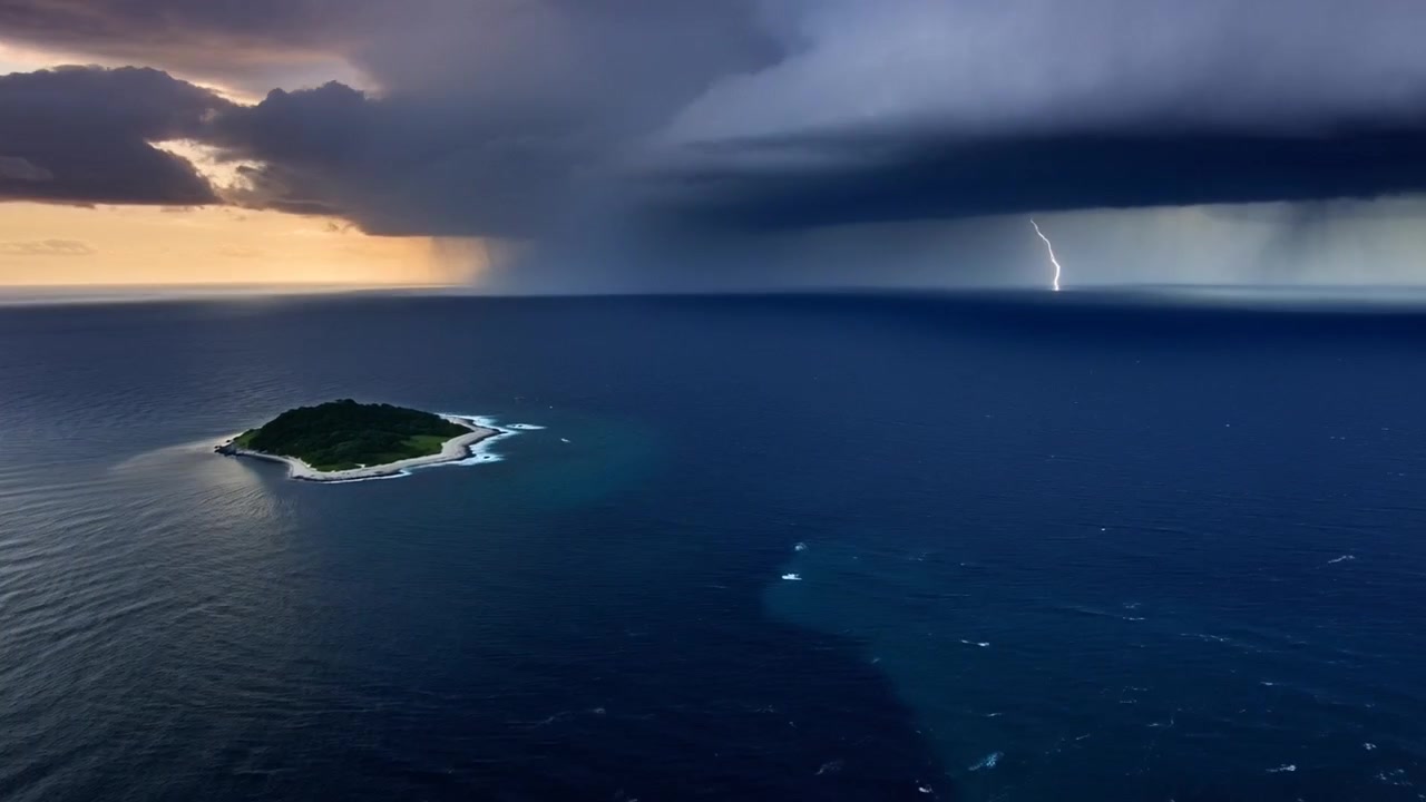 Drone che riprende una piccola isola al tramonto, con una nuvola temporalesca che appare e rilascia una cortina di pioggia.