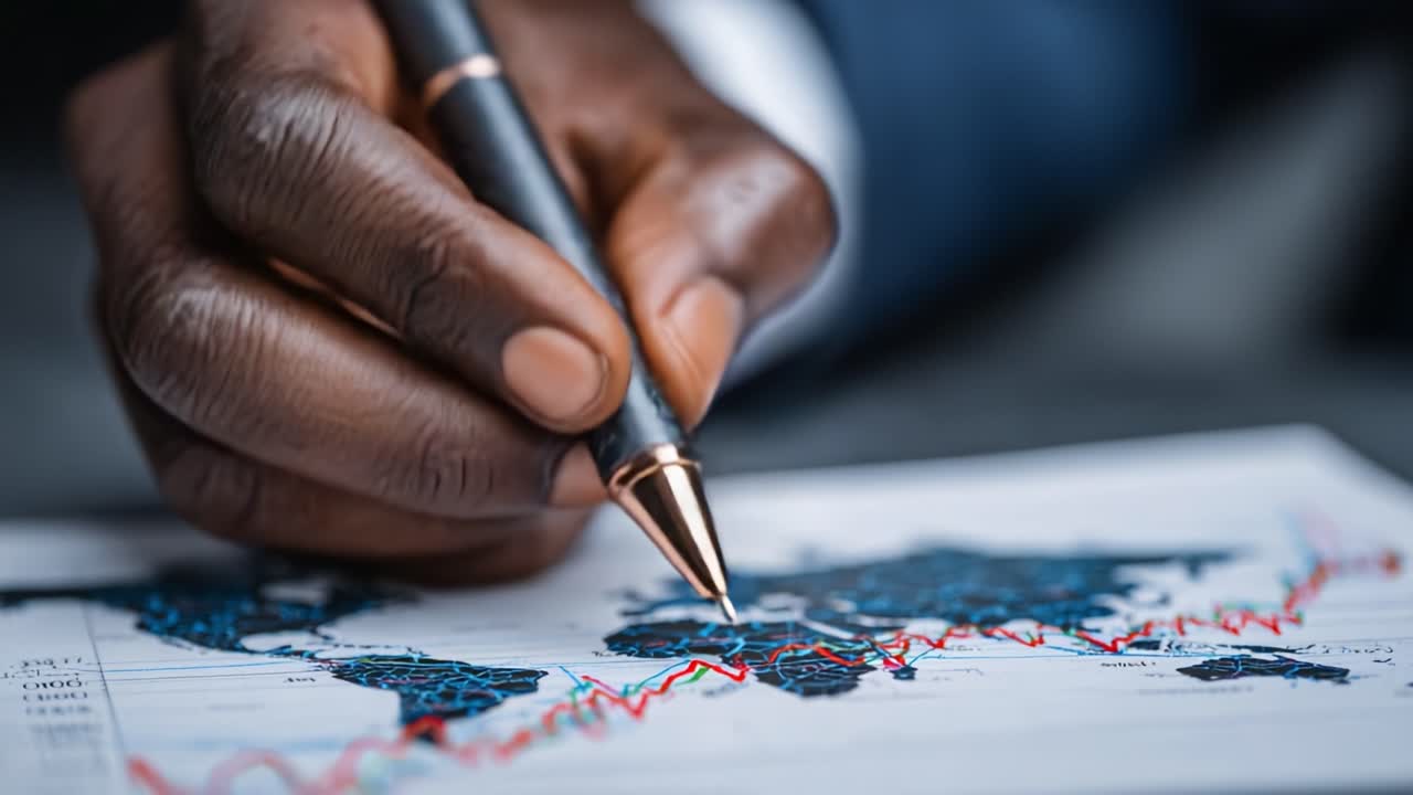 Analyzing Global Data Trends: A Close-Up of Hand Using a Pen on a Detailed World Map with Fluctuating Graph Lines Representing Financial Metrics