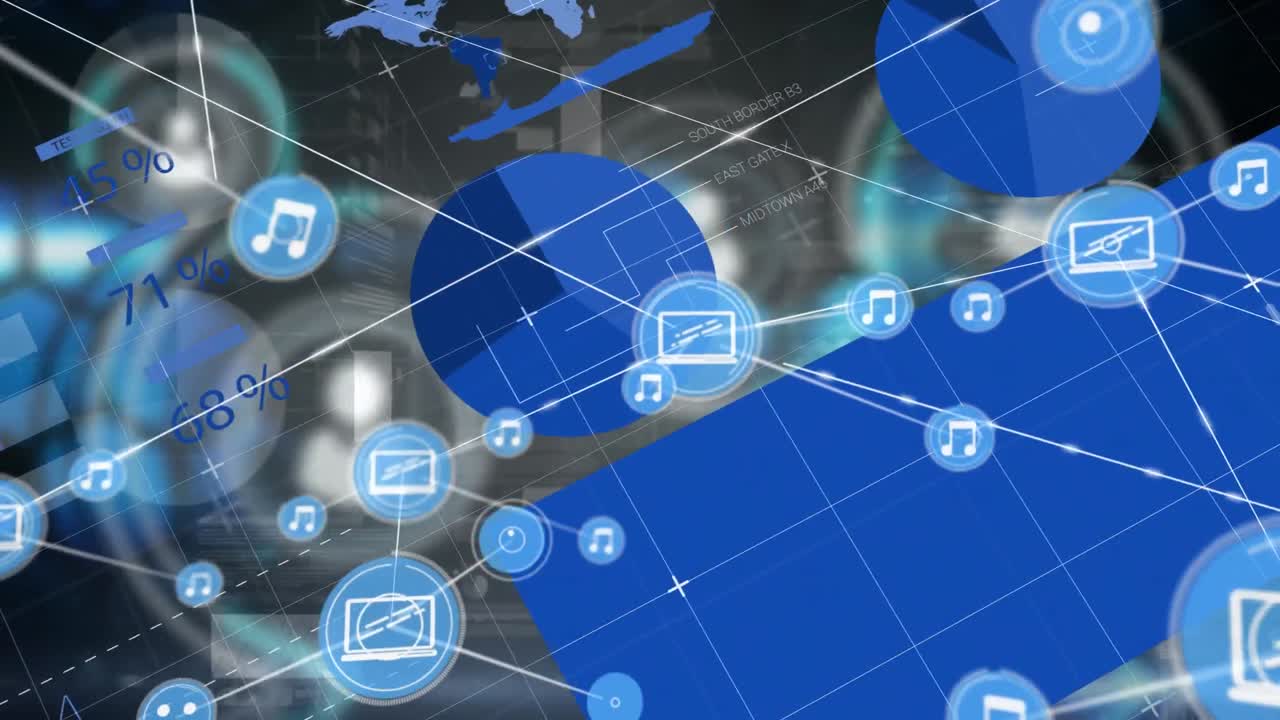 Animation of network of digital icons over statistical data processing against grey background