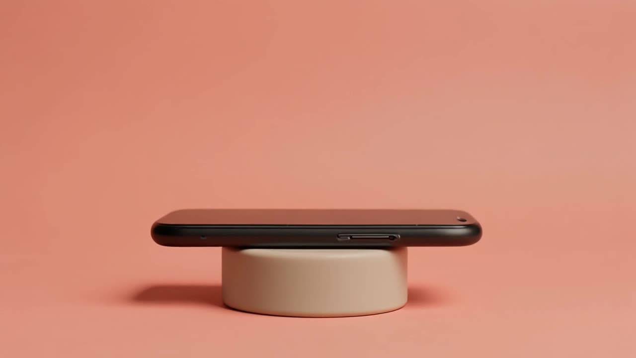 Smartphone nero che cade e atterra su un piedistallo beige