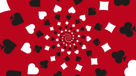 playing card symbols on a red animated background. diamonds, clubs, hearts, and spades in simple motion graphic spiral