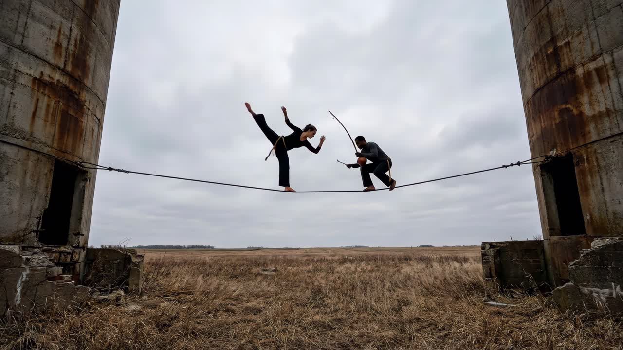 Two Performers Balancing on a Slackline Between Concrete Silos