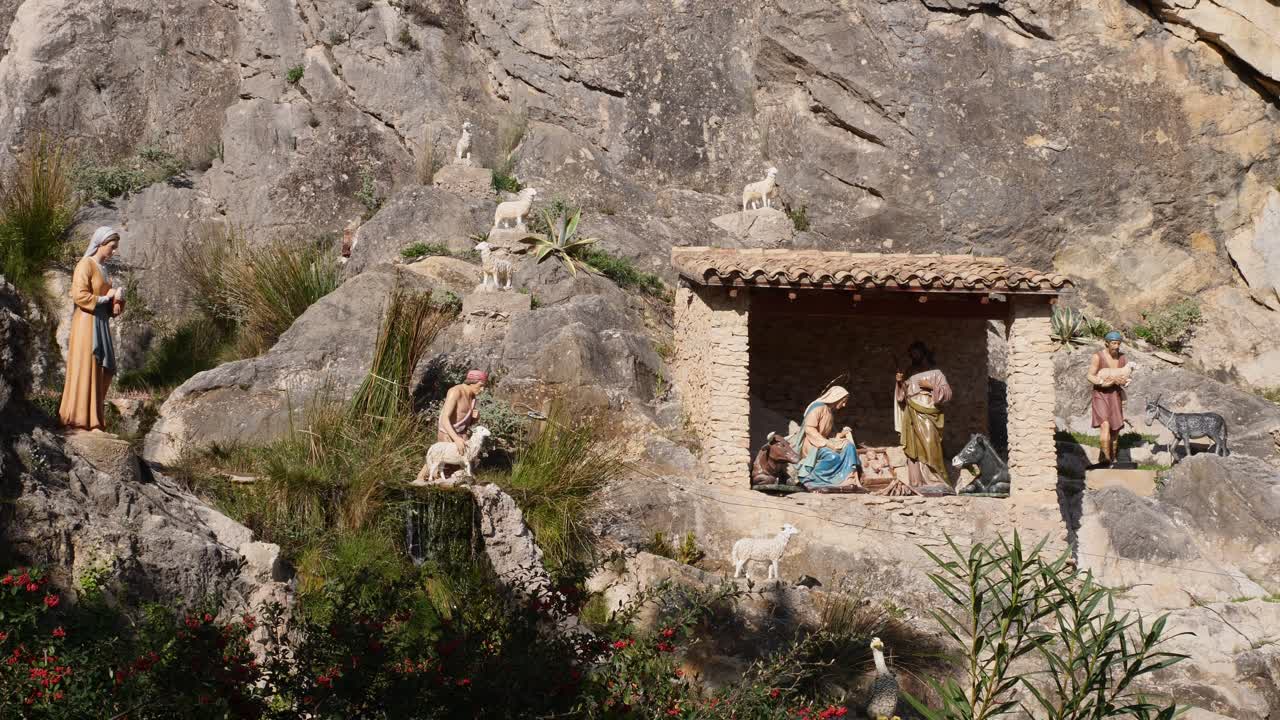 Locked shot of a real size Traditional nativity scene in Jijona, Spain