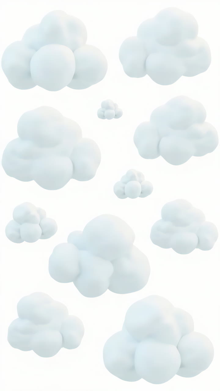 3D Cartoon Fluffy Clouds on White Background
