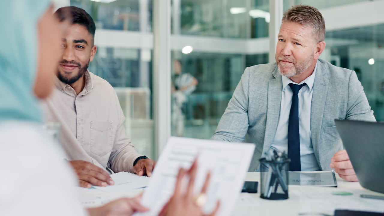 Documents, CEO and business people in a meeting