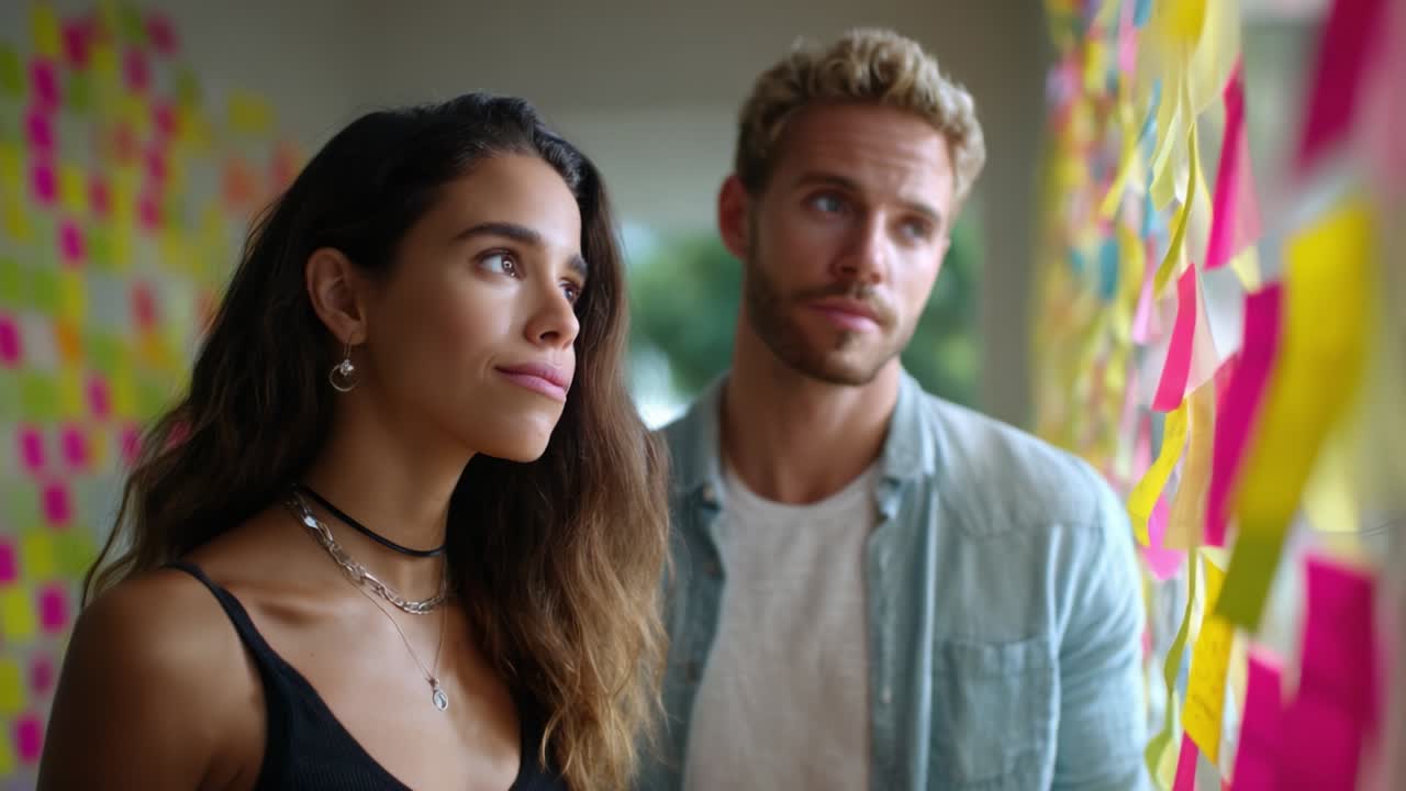 Engaged in Deep Conversation, a Couple Analyzes Colorful Sticky Notes Covering a Wall, Reflecting Their Thoughts and Ideas in an Intimate Setting Full of Creativity and Collaboration