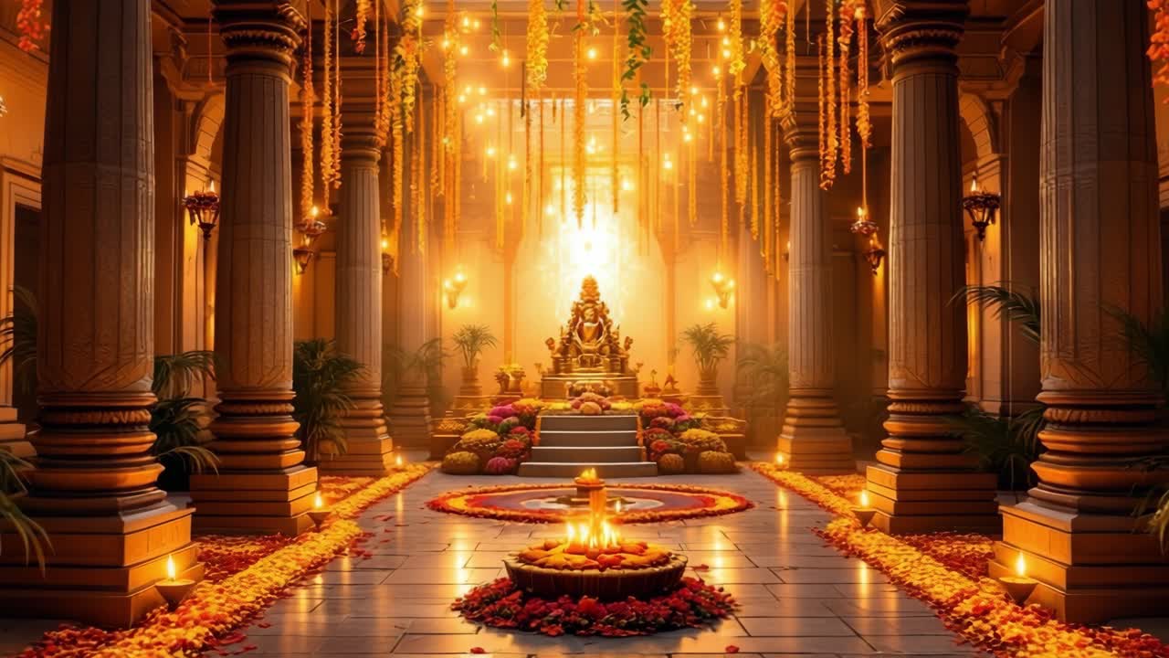 Serene temple interior adorned with vibrant flowers and glowing lights, showcasing a sacred fire and intricate decorations, creating a tranquil spiritual atmosphere