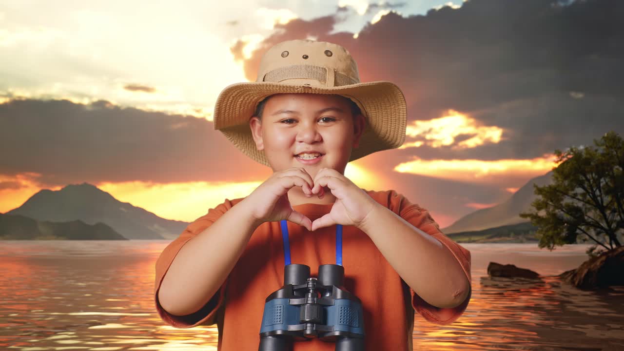 Asian Boy With A Hat And Binoculars Making Heart Shape Gesture At A Lake. Boy Researcher Examines Something, Travel Tourism Adventure Concept, Close Up