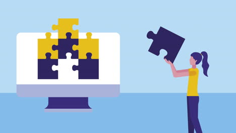 young businesswoman lifting puzzle and desktop animation
