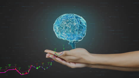 human hand holding digital brain with financial data processing animation