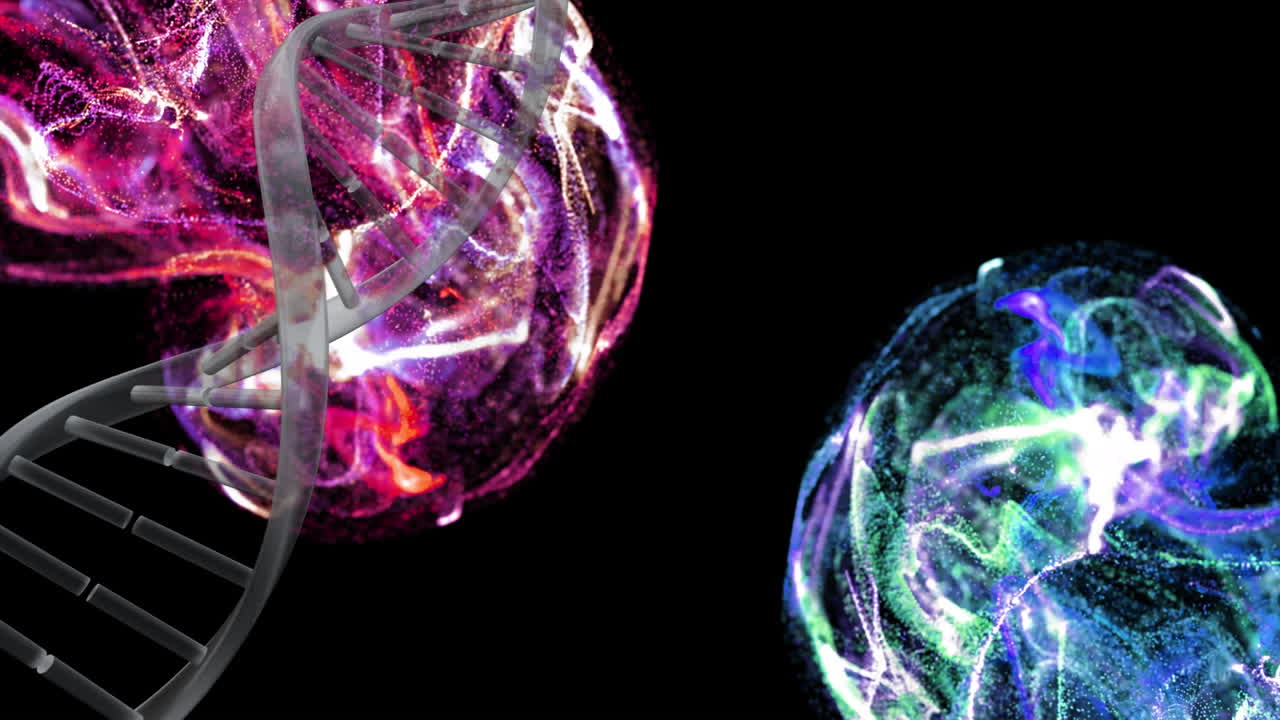 검은 바탕에 다채로운 동적 파동 위에 있는 dna 나선의 애니메이션