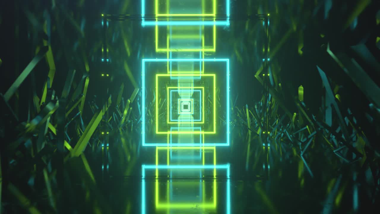 volando en el espacio abstracto a lo largo de bloques cristalinos. luz de neón delante. bucle sin costuras 3d render