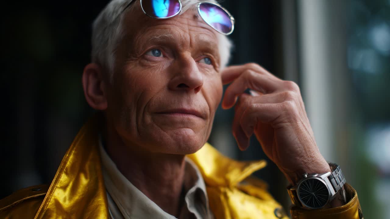 A contemplative man in a yellow jacket reflects thoughtfully while gently touching his face, showcasing a blend of style and introspection with sunglasses that catch the light and add a unique charm