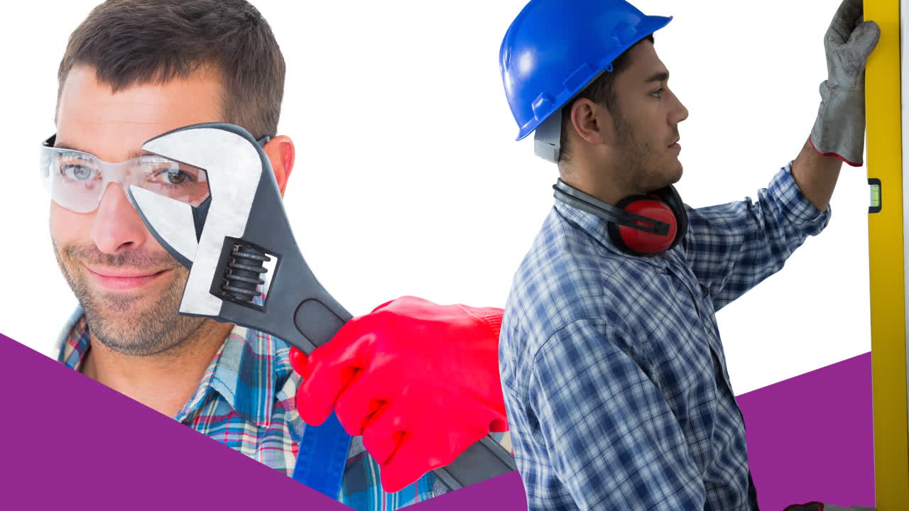 animación de trabajador masculino caucásico con nivel sobre trabajador masculino caucásico sonriente con llave