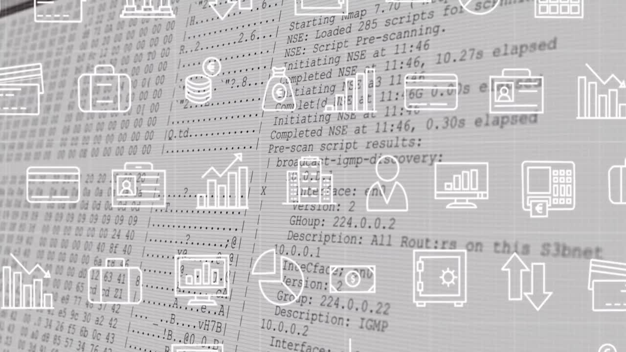 그리드 위에서 프로그래밍 언어로 여러 응용 프로그램 아이콘과 화면의 애니메이션