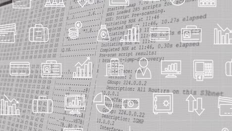 animación de múltiples iconos de aplicaciones y pantalla con lenguaje de programación sobre cuadrícula.