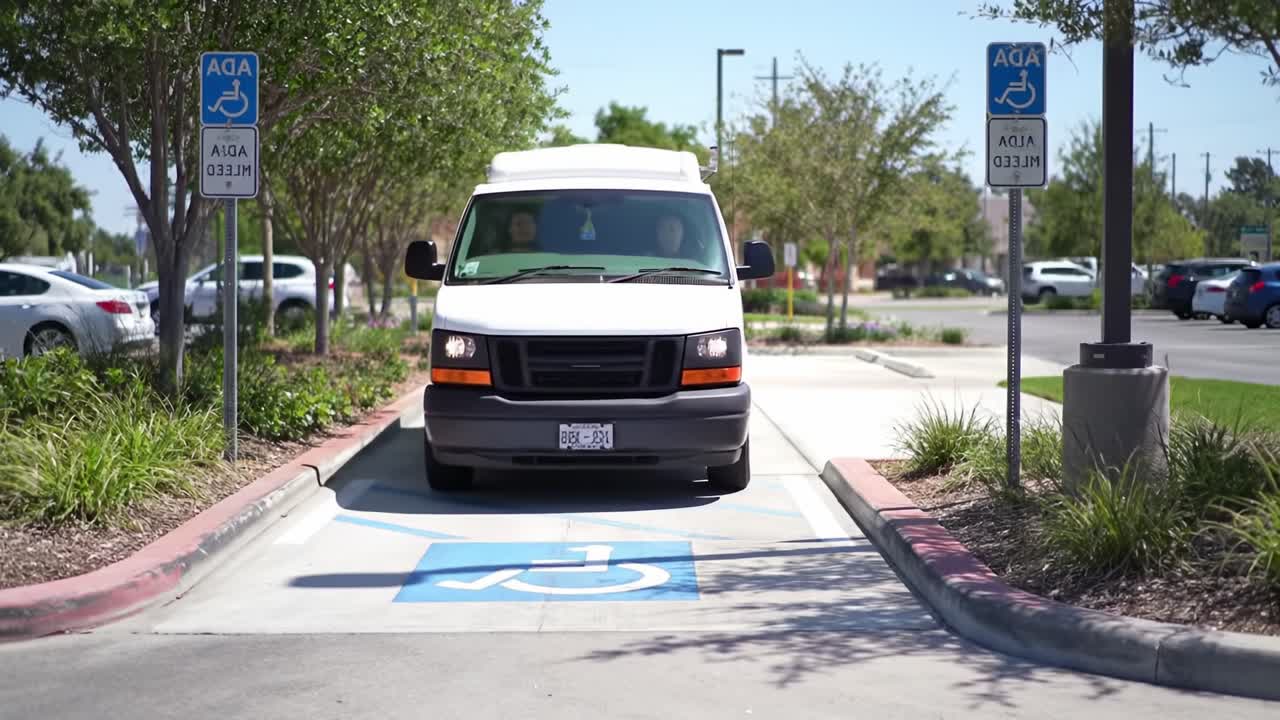 Un furgone bianco che si muove in un'area di parcheggio designata, mettendo in mostra le caratteristiche di accessibilità e sottolineando l'importanza di un trasporto accessibile per tutti.