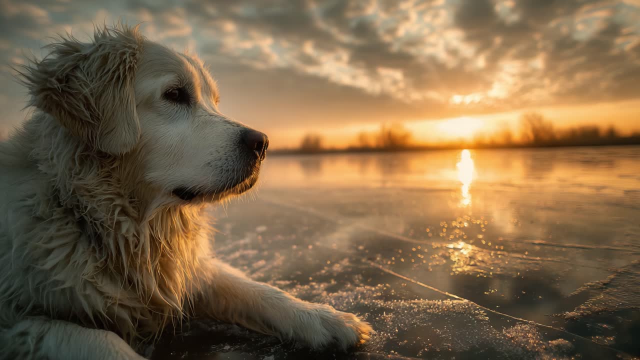 Sakin bir buz yüzeyinde huzurlu bir gün batımının keyfini çıkaran Golden Retriever, sıcak bir aura ve yansıtıcı anlarla doğanın güzelliğini yakalıyor
