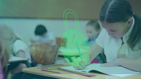 animation of security padlock icon against biracial girl studying in the class at school