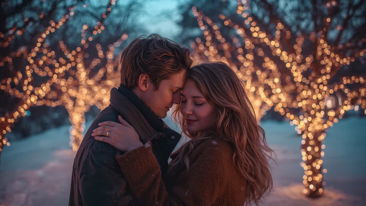 Leaning couple sharing tender embrace celebrating romance on snowy path, with string-lit trees