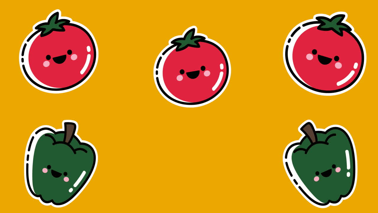 노란색 배경 위로 움직이는 웃는  ⁇ 은 토마토와 초록색 고추의 애니메이션