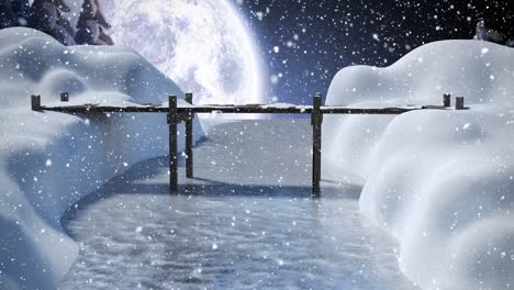 winter scenery with full moon and falling snow