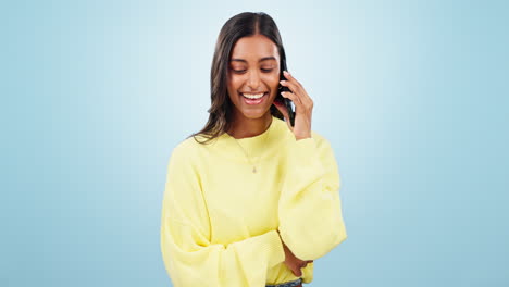 Phone-call,-talking-or-happy-Indian-woman