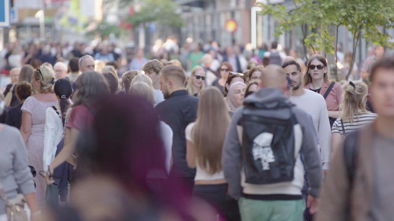 Telephoto view of lots of people on Drottninggatan pedestrian street, Stockholm